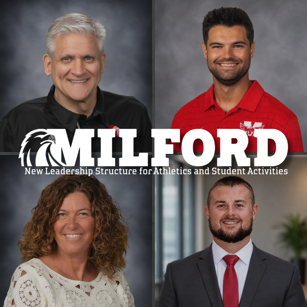 Graphic announcing Milford Schools' new leadership structure for athletics and student activities. The square graphic features four staff portraits arranged in a grid. Clockwise from top left: Mark Trout, Josh McDaniel, John Cole, and Christy Gregory. Across the center is a large white "MILFORD" wordmark with the Milford Eagles logo incorporated into the design. Beneath the wordmark, white text reads: "New Leadership Structure for Athletics and Student Activities." The graphic uses Milford Schools branding colors and professional staff headshots against neutral backgrounds.