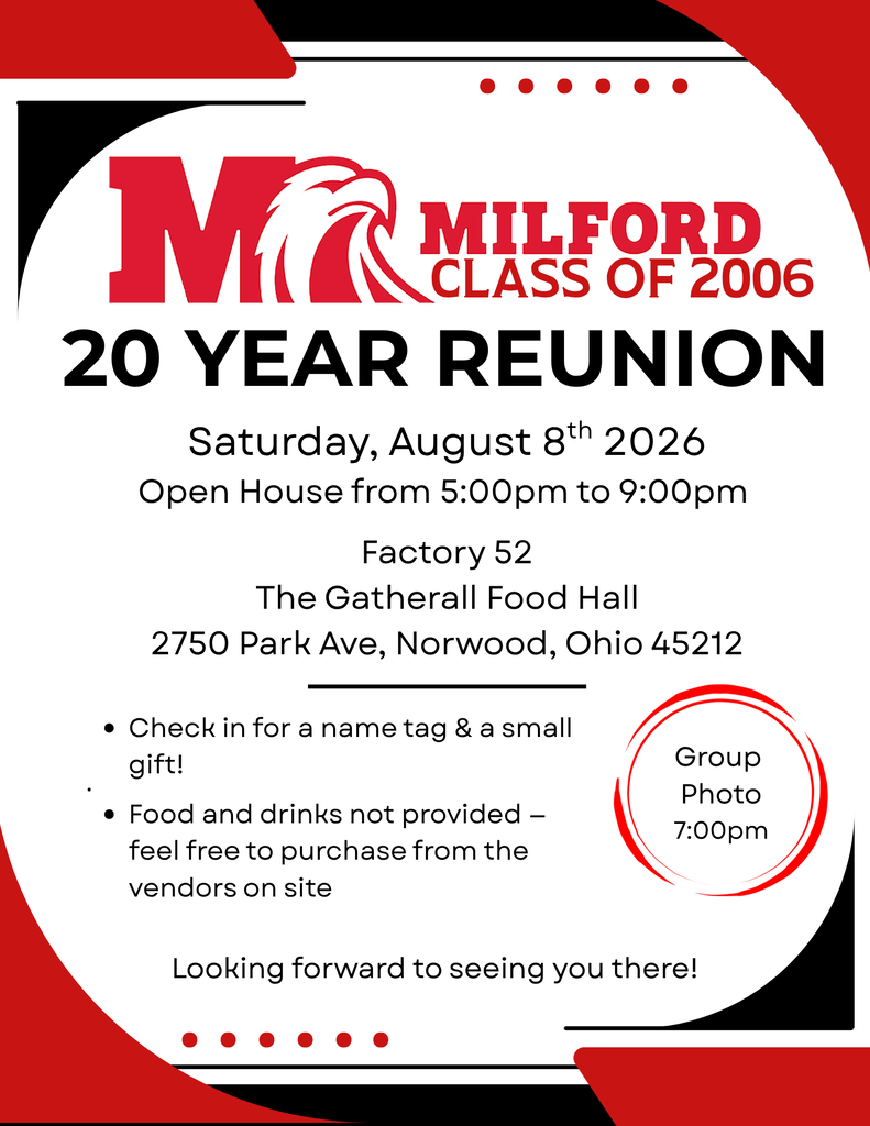 Graphic announcing the Milford High School Class of 2006 20-Year Reunion. The open house will be held Saturday, August 8, 2026, from 5:00 to 9:00 p.m. at Factory 52’s Gatherall Food Hall, 2750 Park Avenue, Norwood, Ohio 45212. Guests can check in for a name tag and small gift. Food and drinks will not be provided, but may be purchased from vendors on site. A group photo will be taken at 7:00 p.m. The graphic features Milford’s eagle logo and a red, black and white design.