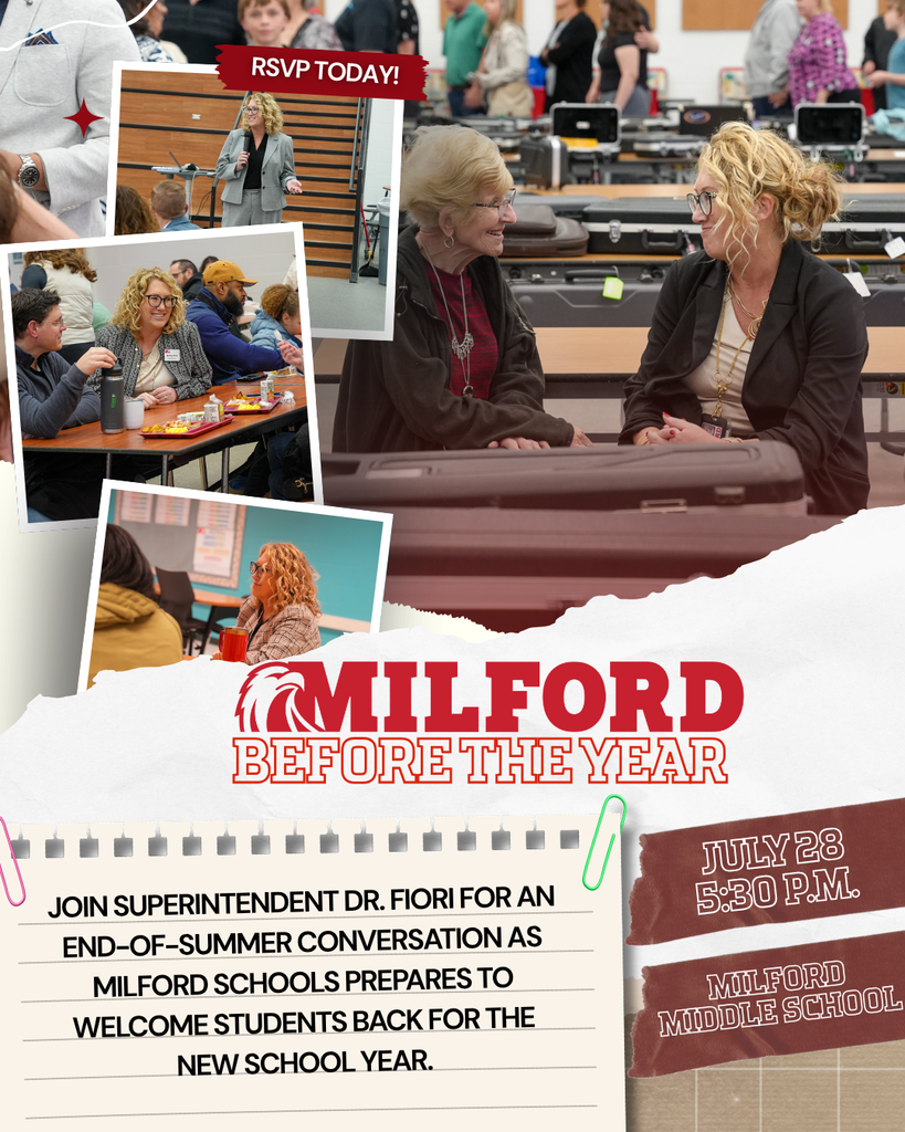 Promotional graphic for Milford Before-the-Year, featuring Superintendent Dr. Bobbie Fiori speaking and connecting with staff and community members. The event will be held July 28 at 5:30 p.m. at Milford Middle School. Attendees are invited to join Dr. Fiori for an end-of-summer conversation as Milford Schools prepares to welcome students back for the new school year. RSVP today.