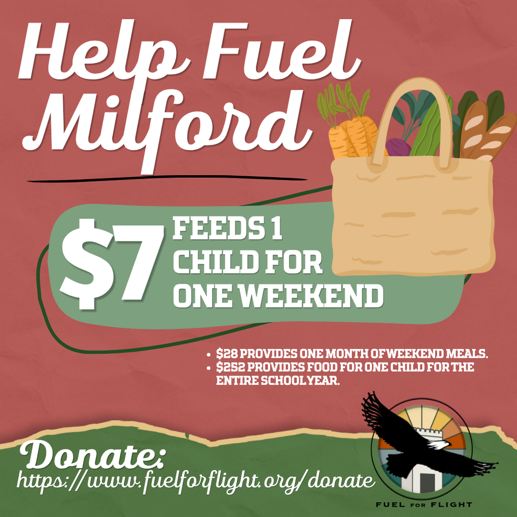Graphic encouraging donations to Fuel for Flight, a program that provides weekend meals for Milford students. Text reads: “Help Fuel Milford. $7 feeds 1 child for one weekend. $28 provides one month of weekend meals. $252 provides food for one child for the entire school year. Donate: www.fuelforflight.org/donate.” The graphic features an illustrated grocery bag filled with bread and vegetables and the Fuel for Flight logo.