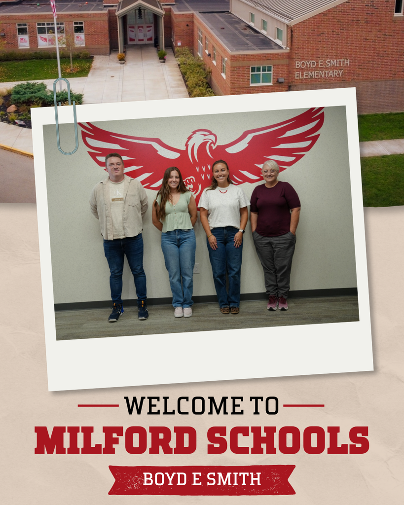 Four new Boyd E. Smith Elementary staff members pose together in front of a red Milford Eagles mural. The school building appears in the background. Text reads, “Welcome to Milford Schools: Boyd E. Smith.” Pictured are Aaron Waugh, Allie Hart, Maegan Fitzgerald and Jennifer Jordan.