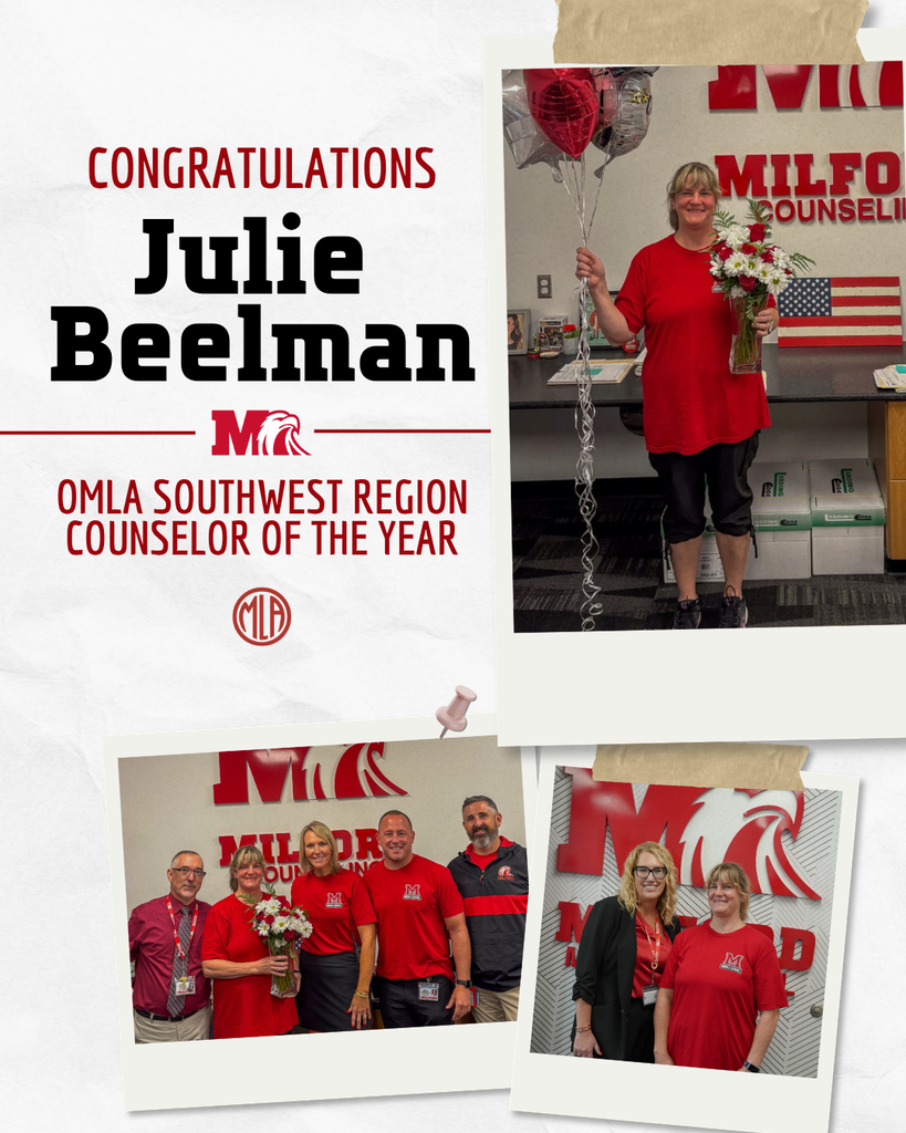 Congratulations graphic honoring Julie Beelman as the OMLA Southwest Region Counselor of the Year. Julie is pictured holding balloons and flowers, with two additional photos showing her celebrating alongside Milford colleagues. The graphic features Milford’s red, black and white branding.