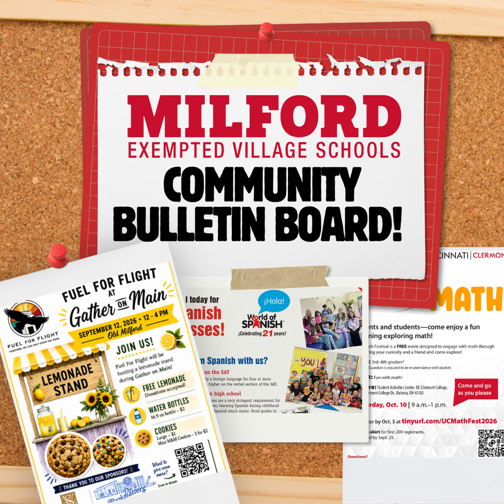 Graphic featuring a corkboard-style “Milford Exempted Village Schools Community Bulletin Board” with three overlapping community flyers. The flyers promote Fuel for Flight at Gather on Main on Sept. 12, World of Spanish classes, and UC Clermont’s Math Fest on Oct. 10.