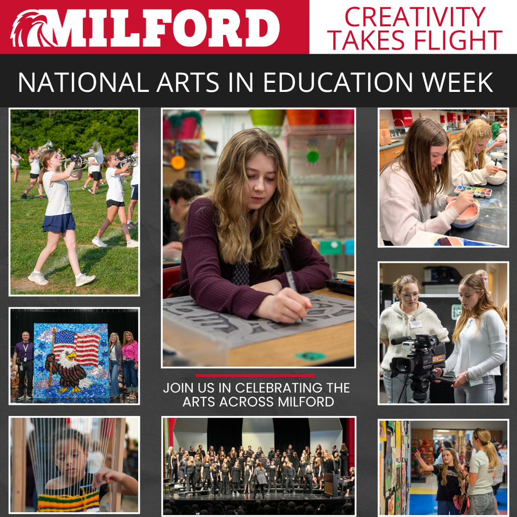 Red, white and black Milford Schools graphic reading “Creativity Takes Flight” and “National Arts in Education Week.” A collage shows students playing instruments, drawing, painting, weaving, operating a video camera, singing onstage and viewing artwork, along with a group displaying an eagle mosaic. Text reads, “Join us in celebrating the arts across Milford.”