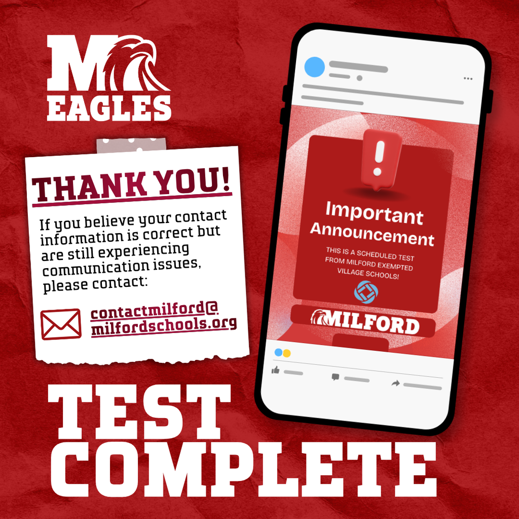 Milford Schools graphic announcing that the urgent alert system test is complete. A phone displays a sample “Important Announcement” test alert. Families experiencing communication issues despite having correct contact information are asked to contact contactmilford@milfordschools.org for assistance.