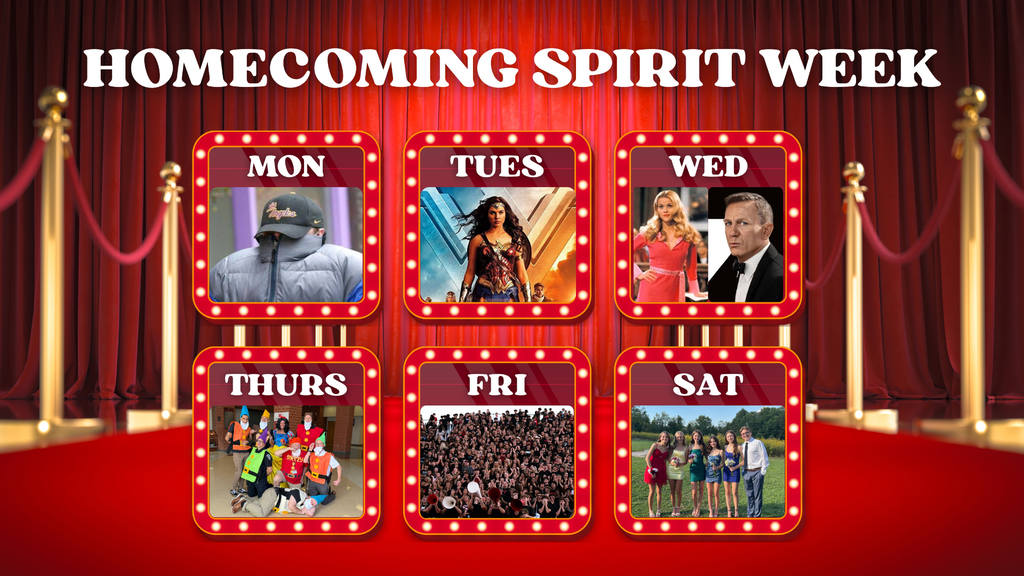 Milford Homecoming Spirit Week graphic with a Hollywood theme. Monday: “Avoid the Paparazzi,” wear hats and sunglasses in the hallway. Tuesday: “Superhero Movies,” dress like your favorite superhero. Wednesday: “Legally Blonde & James Bond,” wear pink or black, no weapons. Thursday: “Casting Call,” you and your friends dress as movie characters. Friday: “Black Out,” wear all black. Saturday: “Red Carpet Ready,” dress in Hollywood glam.