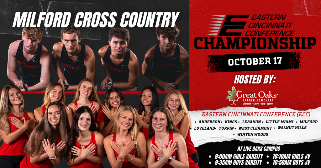 Milford Cross Country promotional graphic in red, black and white, featuring four boys team members above ten girls team members. The Eastern Cincinnati Conference Championship takes place October 17 at Live Oaks Campus, hosted by Great Oaks Career Campuses. Conference schools listed are Anderson, Kings, Lebanon, Little Miami, Milford, Loveland, Turpin, West Clermont, Walnut Hills and Winton Woods. Race schedule: girls varsity at 9:00 a.m., boys varsity at 9:35 a.m., girls JV at 10:10 a.m. and boys JV at 10:50 a.m.