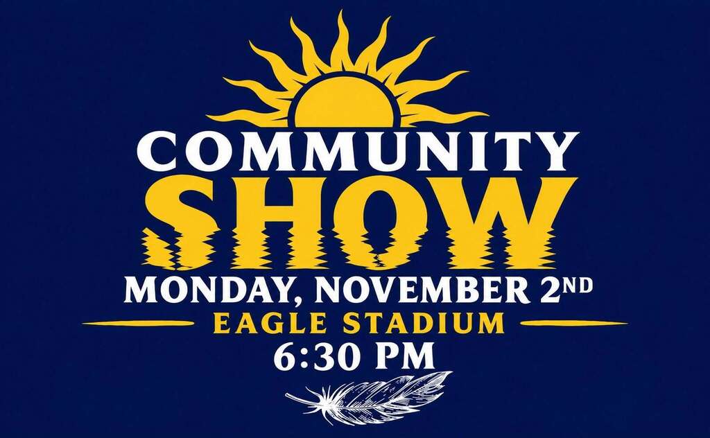 Navy blue and gold graphic promoting Milford High School Band’s community show on Monday, November 2, at 6:30 p.m. at Eagle Stadium. A gold sun appears above the event details, with a white feather below.