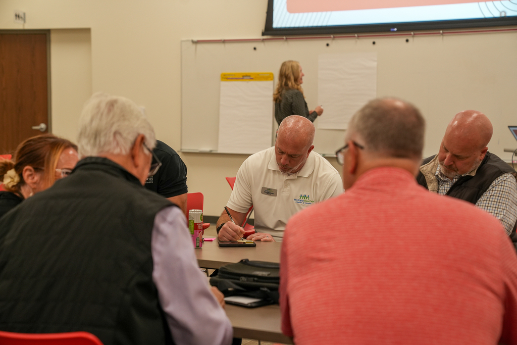 Council members write responses on sticky notes while a facilitator stands near large sheets of paper at the front of the room.