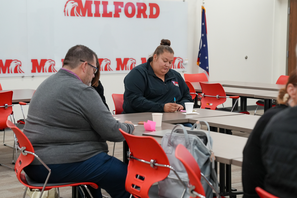 Council members seated around tables record feedback on pink and yellow sticky notes, with Milford logos displayed behind them.