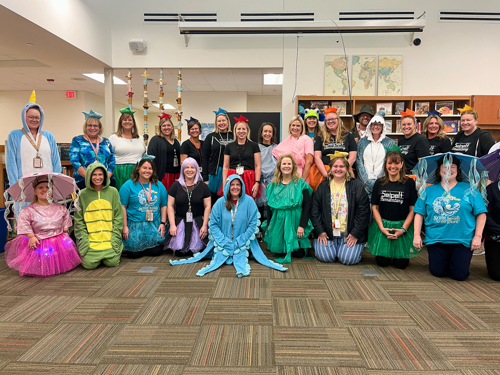 Seipelt Elementary staff pose in two rows in the school library wearing ocean-themed costumes, including jellyfish, an octopus, a shark, a sea turtle and colorful fish hats.