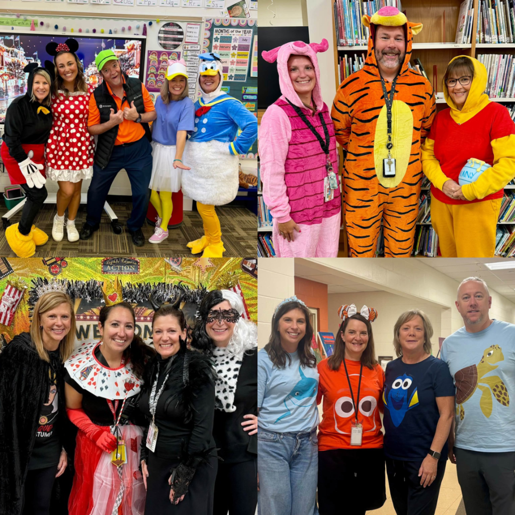 Four-photo collage of school staff in Halloween costumes. Top left: Mickey Mouse, Minnie Mouse, Goofy, Daisy Duck and Donald Duck. Top right: Piglet, Tigger and Winnie the Pooh. Bottom left: four staff members in villain-inspired costumes, including the Queen of Hearts and Cruella de Vil. Bottom right: four staff members wear “Finding Nemo”-themed shirts featuring a whale shark, Nemo, Dory and a sea turtle.