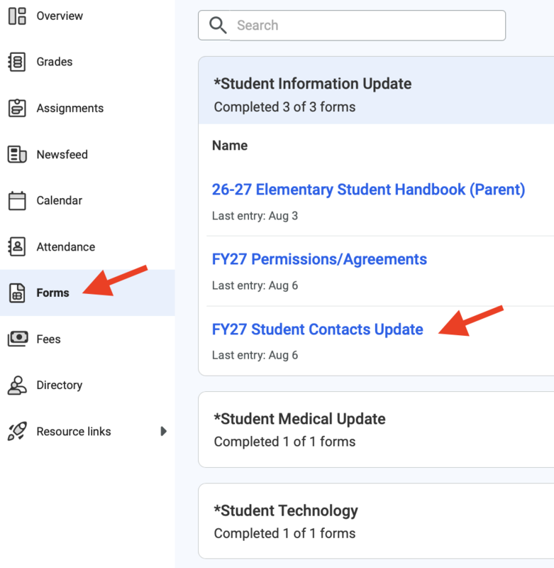 Image depicting forms in PowerSchool with arrows