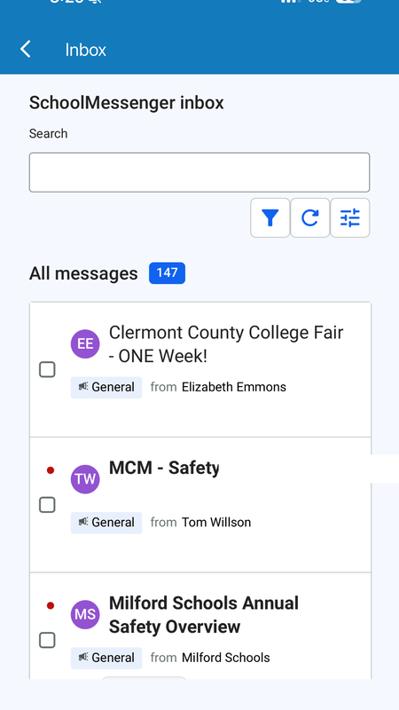 A screenshot depicting an inbox for PowerSchool