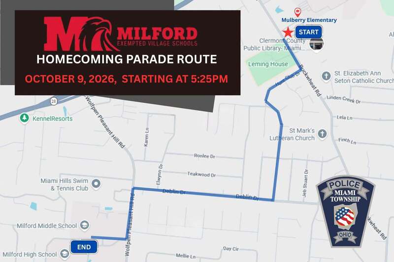 Map showing the Milford Schools Homecoming Parade route on October 9, 2026, beginning near Mulberry Elementary School at 5:25 p.m. and ending near Milford High School. The full parade route is provided in the text on this page.
