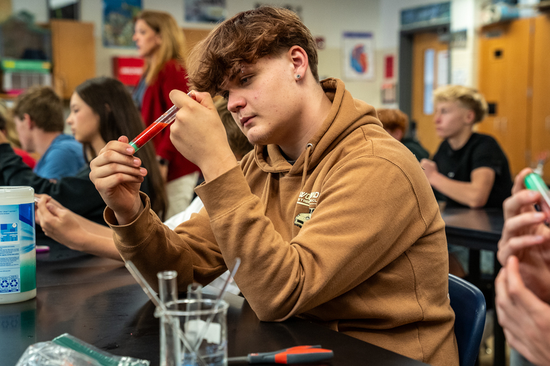 A boy with a pierced ear in a brown hoodie examining a test tube of red liquid