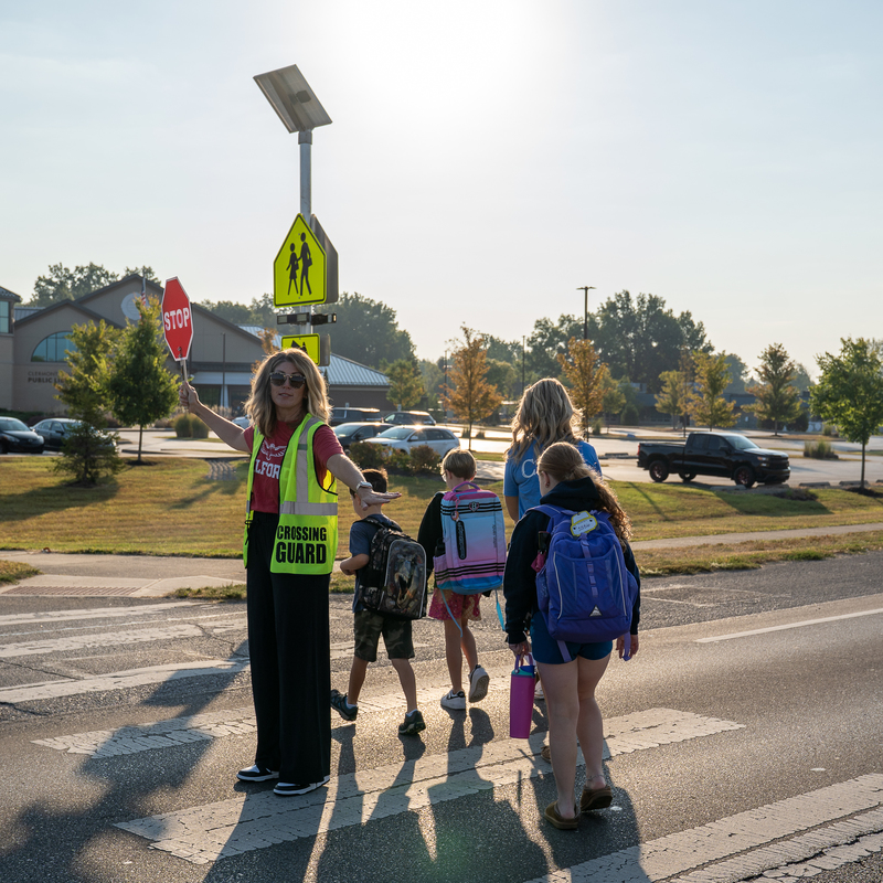 A woman with blonde hair and sunglasses assisting 4 kids cross the crosswalk