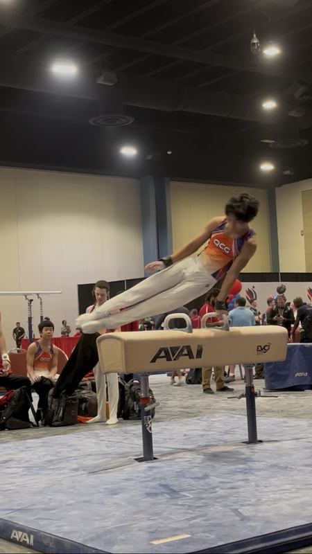 Milford High School freshman Xander Dejkunchorn competes on the pommel horse during the USA Gymnastics Men’s Level 9 National Championships.