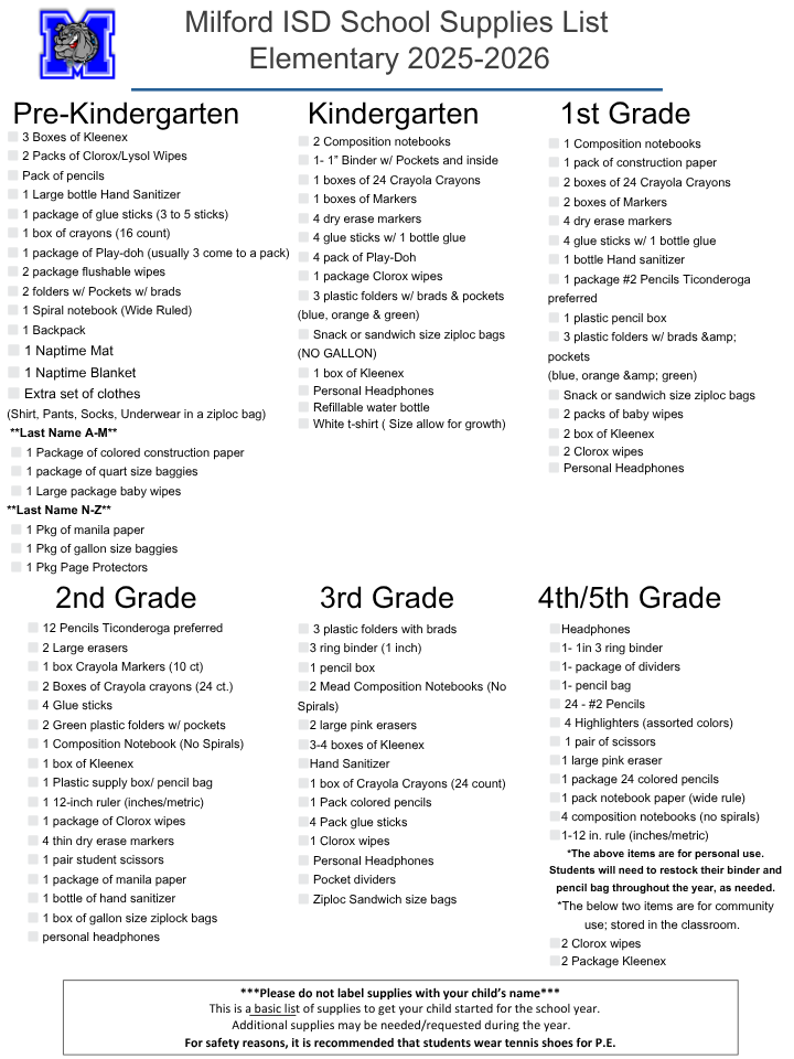 2025-2026 School Supply List