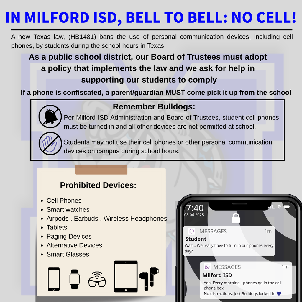 📵 New Texas Cell Phone Law at Milford ISD 📵 House Bill 1481 is now in effect statewide—and that means big changes for student devices.  Milford ISD’s Board of Trustees has adopted FNCE(LOCAL), a policy requiring ALL student cell phones, smartwatches, headphones, tablets, and personal tech devices to be turned in daily and stored securely during the school day.  ✅ Devices may not be on the student or in their belongings. ✅ This applies to ALL communication-capable devices. ✅ Disciplinary measures, including confiscation, will be enforced. ✅ Offenses are cumulative and carry over throughout the year.  🎓 Exceptions must be approved by campus administration.  Let’s work together to create a focused, distraction-free learning environment. 💙📚 #TheBulldogWay #MilfordISD #HB1481 #DeviceFreeZone