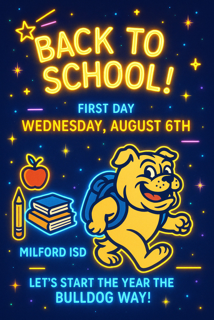 📚🐾 The Countdown is ON! 🐾📚
School starts NEXT Wednesday, August 6th and we’re ready to kick off another year the Bulldog Way! 💙🤍
Get your backpacks, bring that Bulldog spirit, and let’s make this the best year yet!

#BackToSchool #MilfordBulldogs #TheBulldogWay