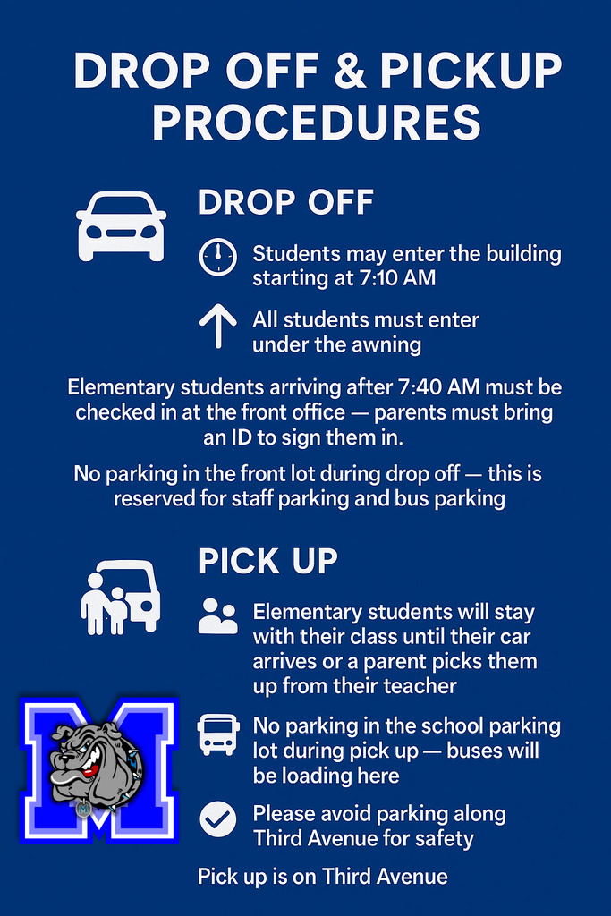 🚗 Drop Off & Pick Up Procedures 🚗
Drop Off
📍 Location: Third Avenue (One-way street — please follow traffic flow)
⏰ Students may enter the building starting at 7:10 AM
➡ All students must enter under the awning
⏱ Elementary students arriving after 7:40 AM must be checked in at the front office — parents must bring an ID to sign them in.
🚫 No parking in the front lot during drop off — this is reserved for staff parking and bus parking.
Pick Up
📍 Location: Third Avenue
👩🏫 Elementary students will stay with their class until their car arrives or a parent picks them up from their teacher.
🚫 No parking in the school parking lot during pick up — buses will be loading here.
🚫 Please avoid parking along Third Avenue for safety.
✅ Visitor parking is available if needed.