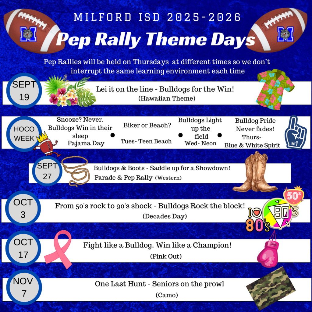 🐾🎉 PEP RALLY THEMES ARE LOCKED IN! 🎉🐾 Your Milford Bulldog Cheerleaders have picked the themes for the 2025–2026 football season and trust us… you’re gonna LOVE them. 💙🤍 Now it’s your turn — bring the outfits, bring the spirit, and bring the NOISE every single week! 📣🔥 💬 Drop your favorite theme below 👇 📸 Tag us in your pep rally pics! #MilfordBulldogs #TheBulldogWay #BulldogPride #FN5GL