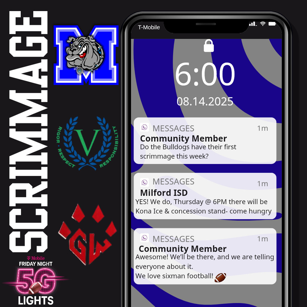 🏈💙 BULLDOGS SCRIMMAGE NIGHT! 💙🏈
Our first scrimmage kicks off THIS Thursday at 6PM — don’t miss it! 🐾🔥
🍧 Kona Ice will be there
🌭 Concession Stand will be open
Come cheer loud, rep your blue & white, and help us keep the #FN5GL momentum going! 💪
@TMobile @MilfordISD
#MilfordBulldogs #Sweepstakes #TheBulldogWay