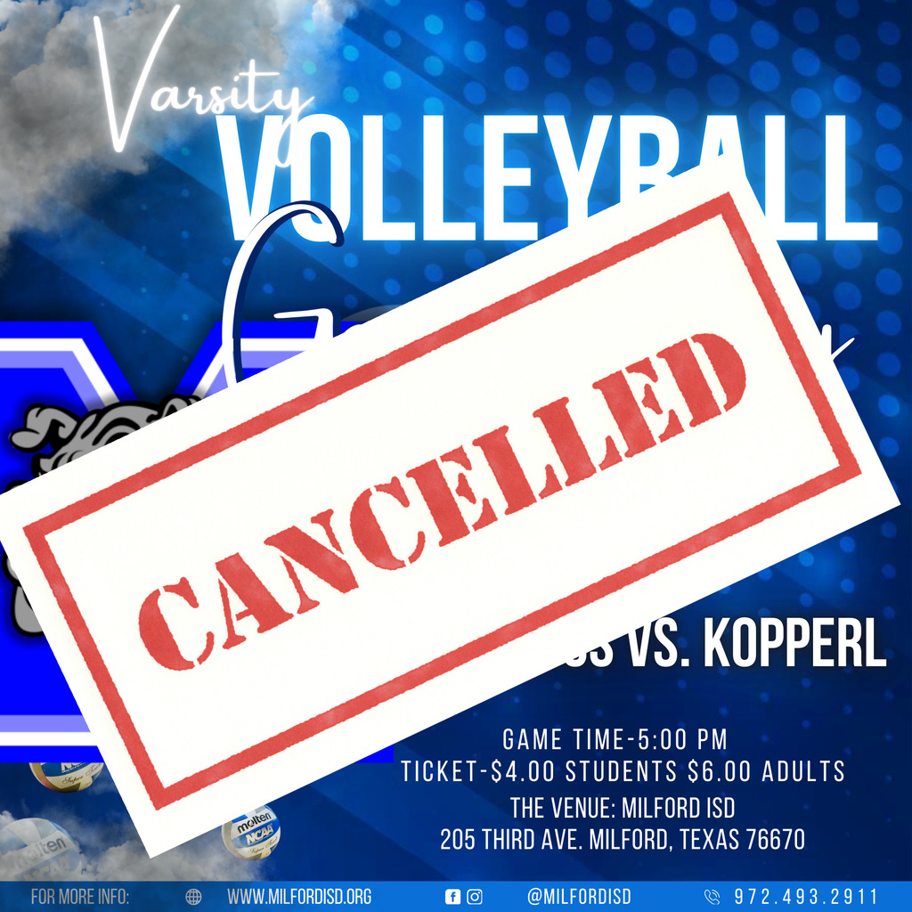 🚨🏐 SCHEDULE UPDATE 🏐🚨
This Friday’s Home Varsity Volleyball game vs. Kopperl has been CANCELED.
Thank you for your understanding and continued support of our Lady Bulldogs! 💙🤍
#MilfordBulldogs #TheBulldogWay