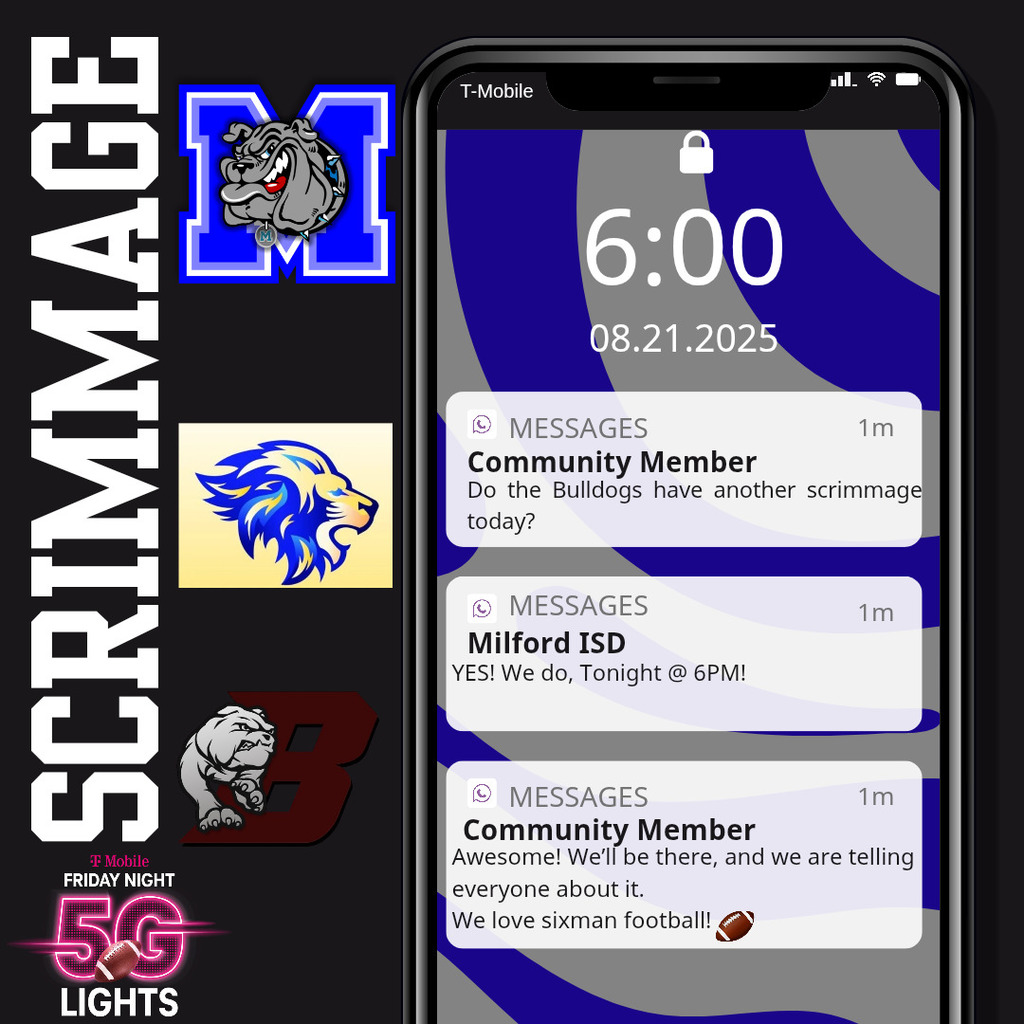 🏈💙 BULLDOGS SCRIMMAGE NIGHT! 💙🏈
Our first scrimmage kicks off THIS Thursday at 6PM — don’t miss it! 🐾🔥
🍧 Kona Ice will be there
🌭 Concession Stand will be open
Come cheer loud, rep your blue & white, and help us keep the #FN5GL momentum going! 💪
@tmobile @milfordisd @gronk @gronkfitness @patrickmahomes #FN5GL
#MilfordBulldogs #Sweepstakes #TheBulldogWay