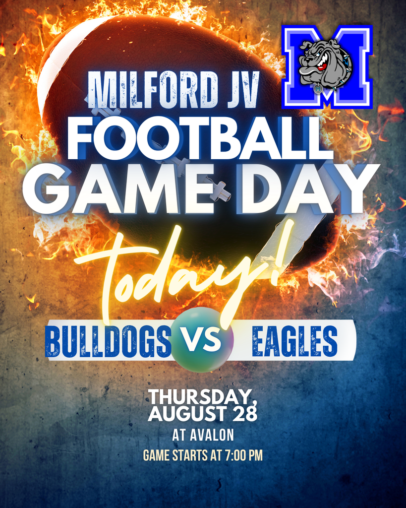 🐾🏈 JUNIOR VARSITY GAME NIGHT! 🏈🐾 Your Milford Bulldogs are hitting the road to Avalon TONIGHT! 📍 Location: Avalon ⏰ Kickoff: 7PM 💙🤍 Come out and cheer loud for our JV Bulldogs! Let’s pack the stands with that Bulldog spirit! ⚠️ Reminder: Avalon is a cashless facility. Accepted forms of payment include: ✔️ Credit Card ✔️ Debit Card ✔️ Google Pay ✔️ Apple Pay #MilfordBulldogs #TheBulldogWay