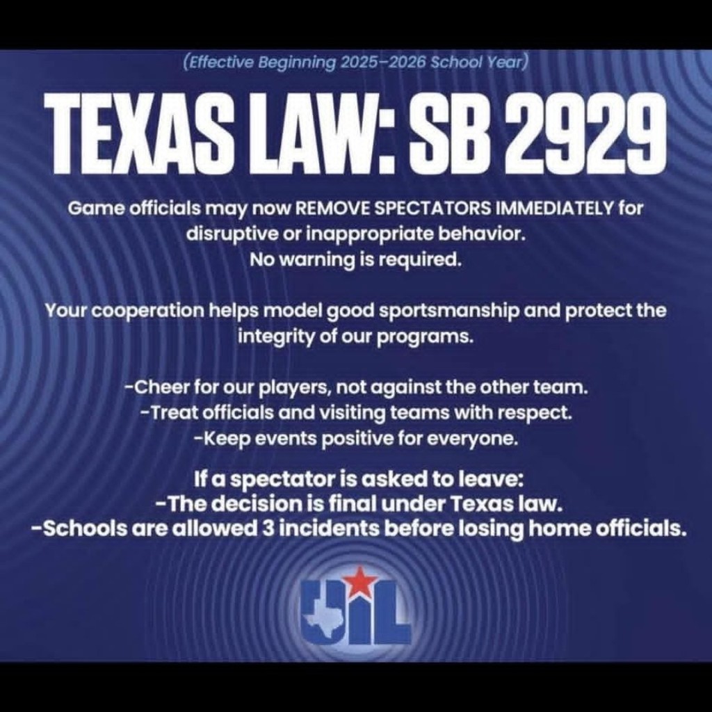 🚨 Hey Bulldog Fans! Good sportsmanship starts with 𝐔𝐒! 🐾
A new Texas law (SB2929) goes into effect this school year, and it impacts ALL athletic events:
🏟️ 𝐆𝐚𝐦𝐞 𝐨𝐟𝐟𝐢𝐜𝐢𝐚𝐥𝐬 𝐦𝐚𝐲 𝐧𝐨𝐰 𝐫𝐞𝐦𝐨𝐯𝐞 𝐬𝐩𝐞𝐜𝐭𝐚𝐭𝐨𝐫𝐬 𝐢𝐦𝐦𝐞𝐝𝐢𝐚𝐭𝐞𝐥𝐲 for disruptive or inappropriate behavior — no warning required.
✅ Here’s how you can help keep Bulldog athletics positive:
• Cheer FOR our Bulldogs, not against the other team 💙
• Treat officials and visiting teams with respect
• Model good sportsmanship and help protect the integrity of our programs 🐾
⚖️ If a spectator is asked to leave, the decision is 𝐟𝐢𝐧𝐚𝐥 𝐮𝐧𝐝𝐞𝐫 𝐓𝐞𝐱𝐚𝐬 𝐥𝐚𝐰. Schools are allowed only three incidents before losing the privilege of hosting home officials.
Let’s work together to make every game a great experience for our players, fans, and community.