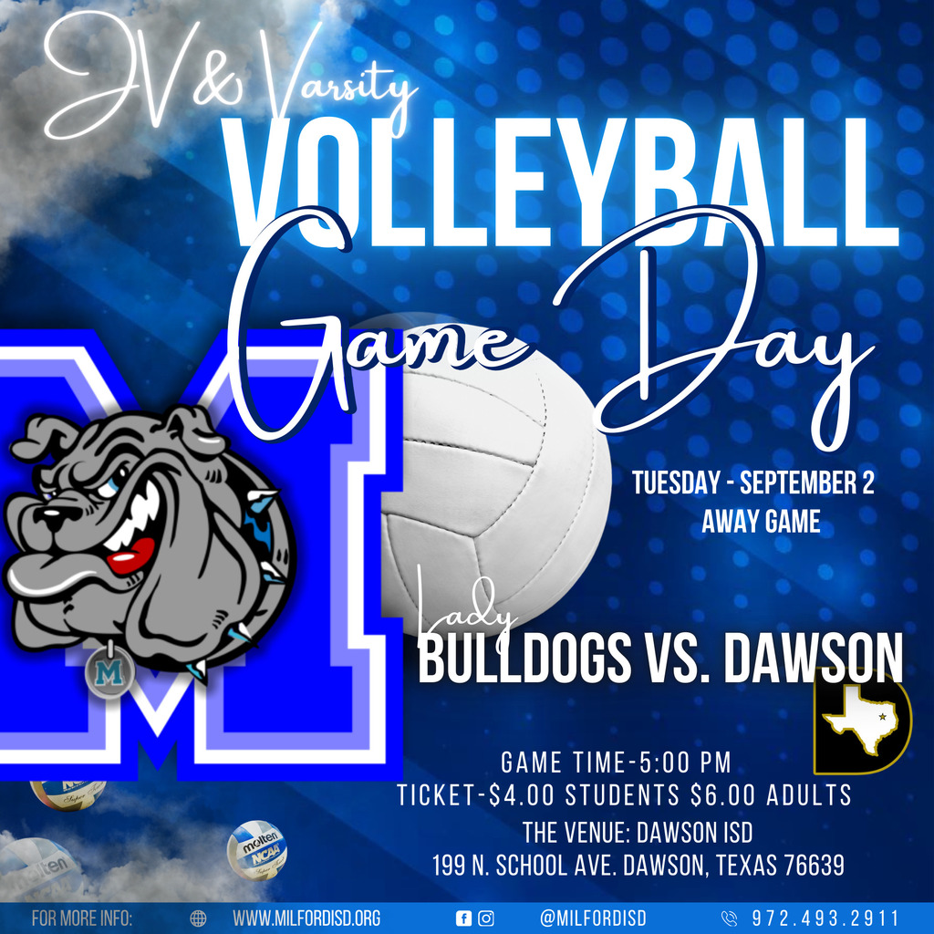Volleyball GAMEDAY! 🏐💙
Milford Bulldogs vs Dawson Bulldogs
5:00 PM • @ Dawson