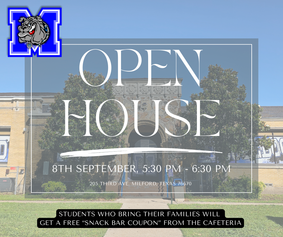 📚🐾 Hey Bulldogs! 🐾📚 We’re excited to host our first Open House of the year! Come see all the amazing things your child has been working on so far. 💙 ✨ Bonus: Students who attend with their family will receive a FREE snack coupon from the cafeteria! 📅 Monday, Sept. 8 🕠 5:30 – 6:30 PM We can’t wait to see you there! 🙌 #MilfordBulldogs #TheBulldogWay #OpenHouse