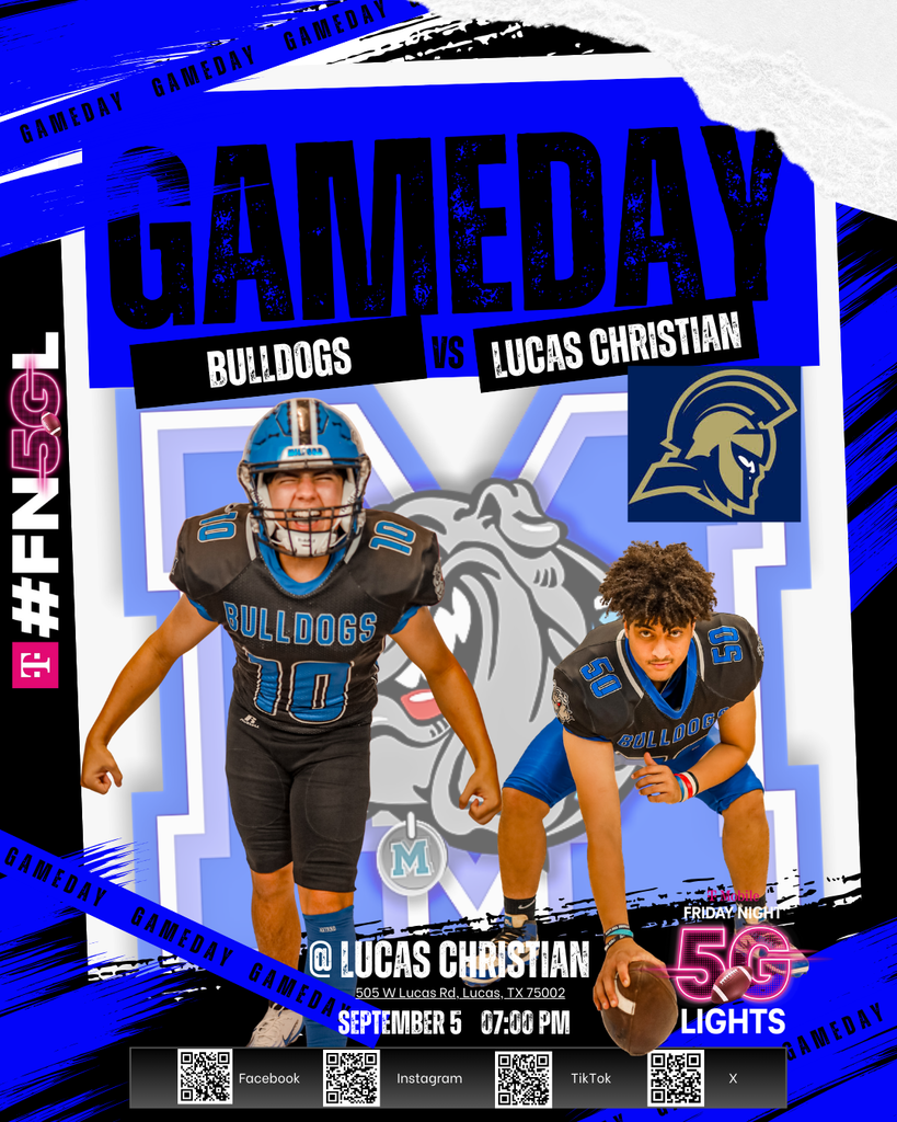 🏈🔥 Varsity Football Game Day🔥🏈 Your Milford Bulldogs are headed to Lucas Christian tonight Come pack the stands, bring the energy, and cheer on our Dawgs! 🐾💙🤍 Kickoff: 7:00PM Let’s go Bulldogs! 💪🐾 📍 505 W Lucas Rd, Lucas, TX 75002 #MilfordBulldogs #TheBulldogWay #FridayNightLights #FN5GL @tmobile @gronk @gronkfitness @texas1afan