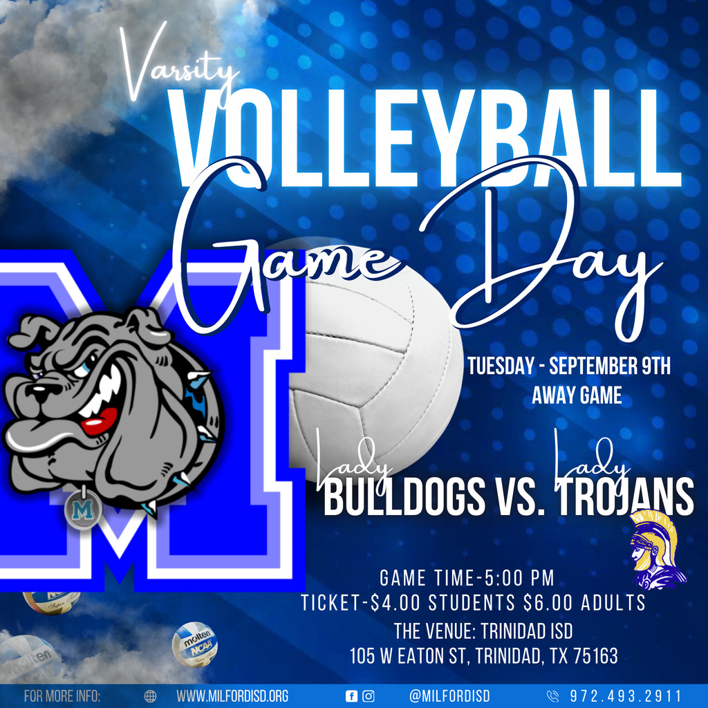 Bulldogs on the road! First serve at 5:00 in Trinidad—let’s show out and bring that Milford energy! 💙🏐 #MilfordBulldogs #GameDay