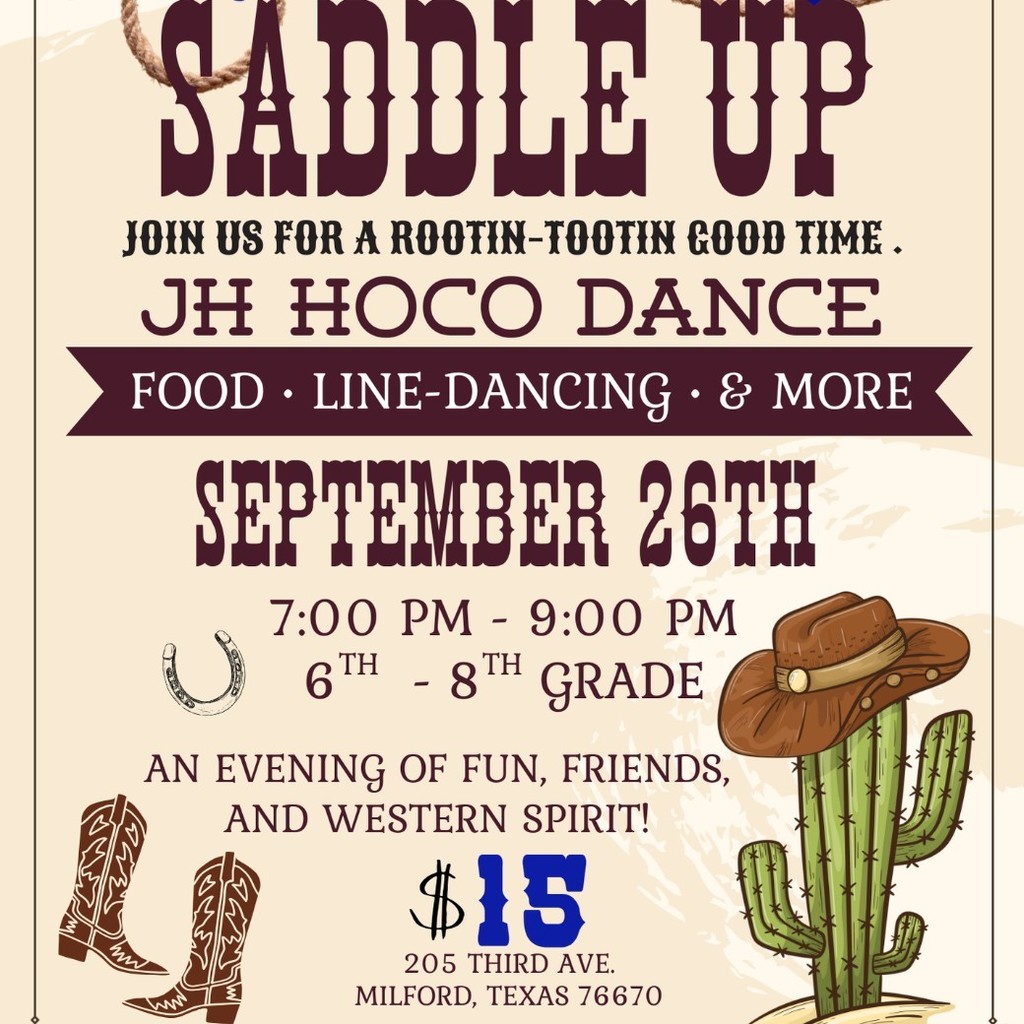 🌵🐎 Homecoming Dance! 🐎🌵

🤠 Junior High (6th – 8th Grade)
Saddle Up, Cowboys & Cowgirls!
Get ready for a rootin’ tootin’ good time at our Western-themed JH Homecoming Dance!

📅 Friday, September 26th
🕖 7:00 – 9:00 PM
💵 $15.00 per person
🎟️ Tickets available during JH lunch

✨ There will be food, fun, line dances, & more!
Don’t miss this Wild West party!