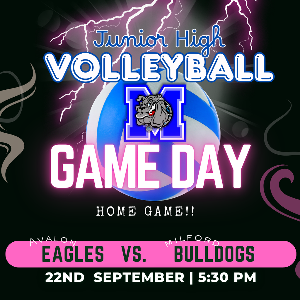 Junior High Volleyball at home! First serve at 5:30 in Milford Let’s show out and bring that Milford energy! 💙🏐 #MilfordBulldogs #GameDay