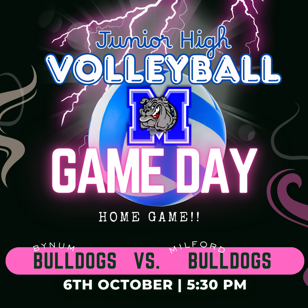 Junior High Volleyball at home! First serve at 5:30 in Milford Let’s show out and bring that Milford energy! 💙🏐 #MilfordBulldogs #GameDay