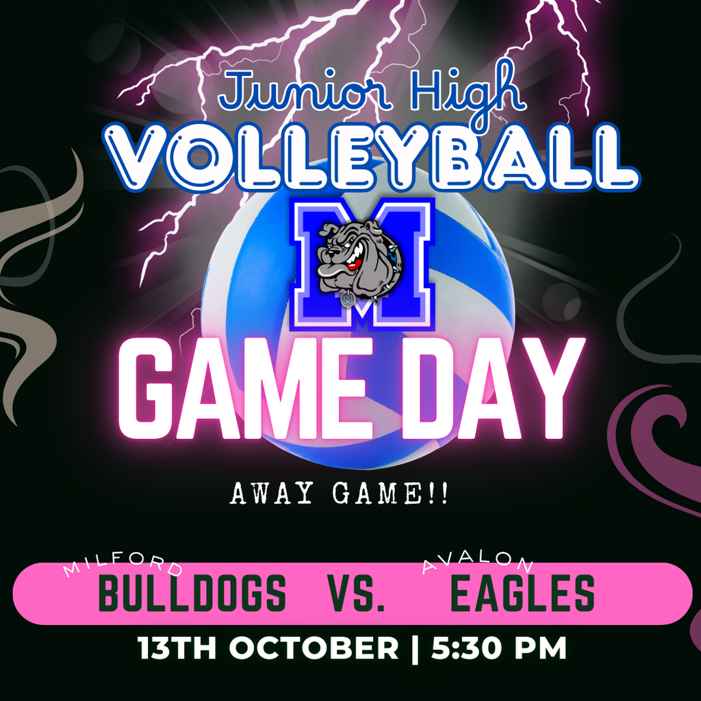 Junior High Volleyball at home! First serve at 5:30 in Milford Let’s show out and bring that Milford energy! 💙🏐 #MilfordBulldogs #GameDay