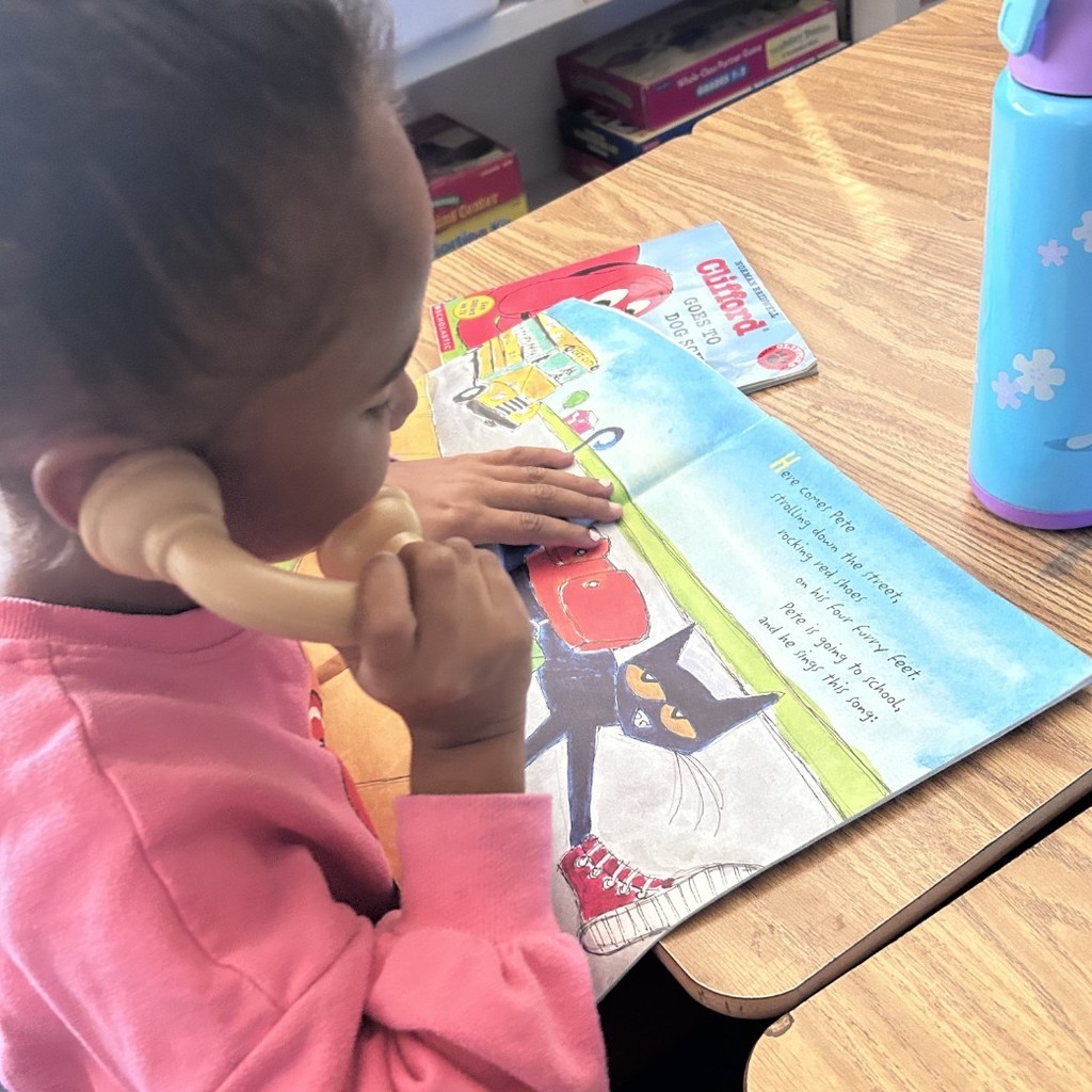 2nd grade using their whisper phones to read.
The students love them!