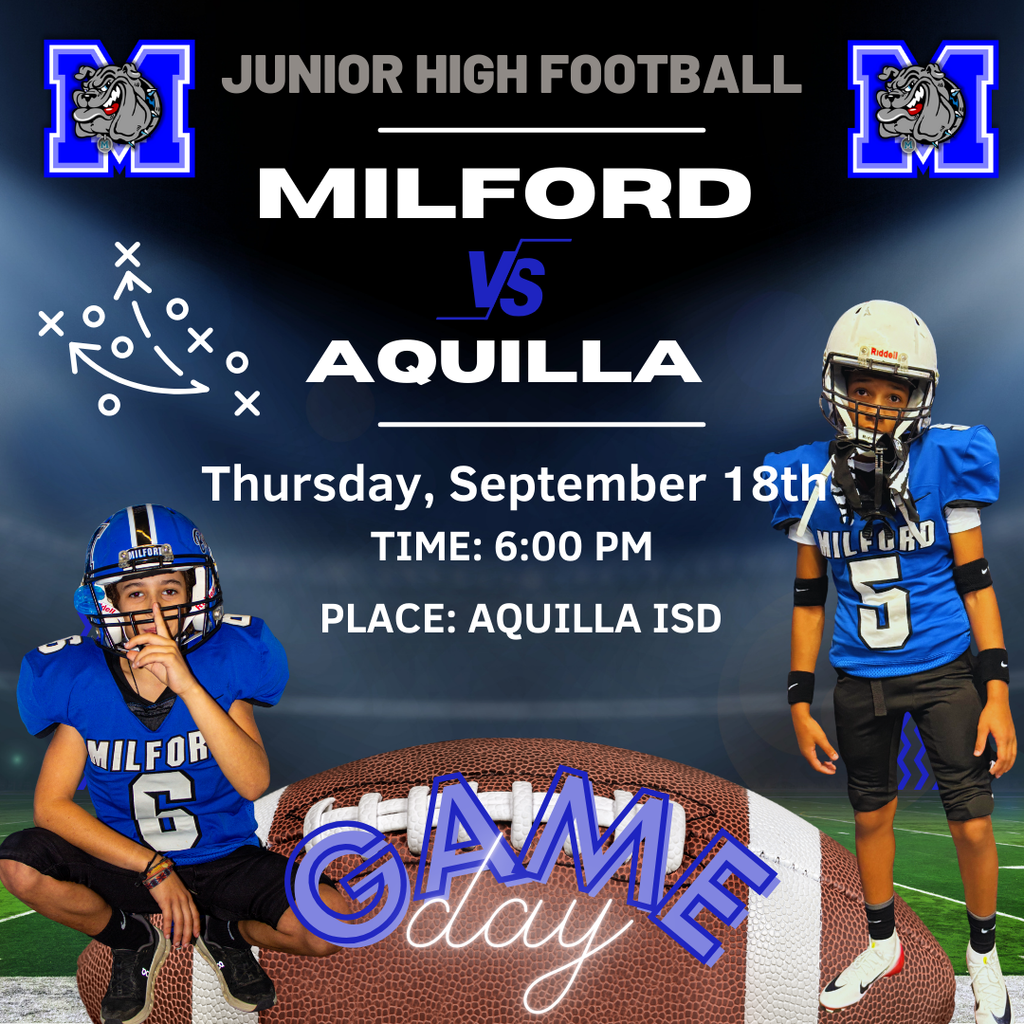 🏈 Junior High Football Game Day! 🏈 📍 Home Game vs. Mt. Calm 🕕 Kickoff at 6:00 PM 💙 Come out and support your Bulldogs under the lights! 💙 #FN5GL #SWEEPSTAKES #MILFORDBULLDOGS @tmobile @milfordisd @gronk @gronkfitness