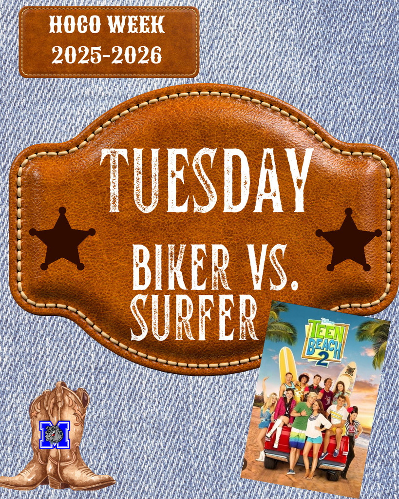 Day 2: Teen Beach Tuesday 🌊🏍️
From the Disney Movie Teen Beach…
Are you Team Biker 🏍️ or Team Surfer 🏄♀️?
Show us your style, Bulldogs! 💙🤍
#HOCOWeek #BulldogWay