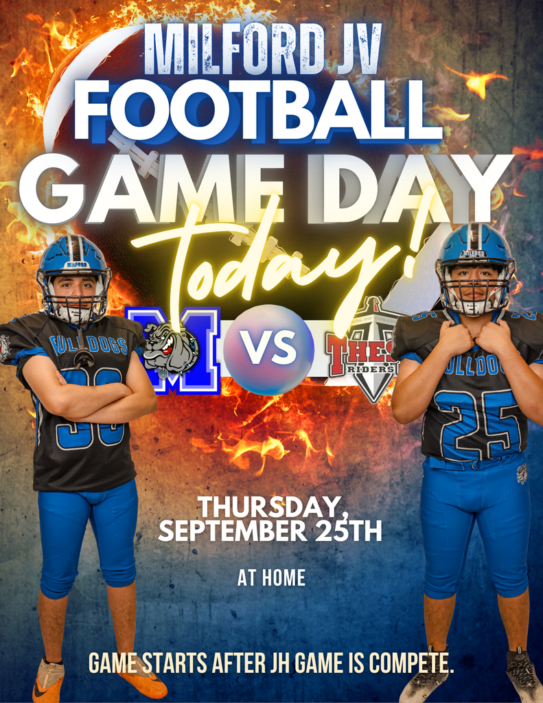 🏈 JV Football Game Day! 🏈 📍 Home vs. Ft. Worth THESA 🕕 Kickoff after the junior high game is complete 💙 Come out and support your Bulldogs under the lights! 💙  #MILFORDBULLDOGS 