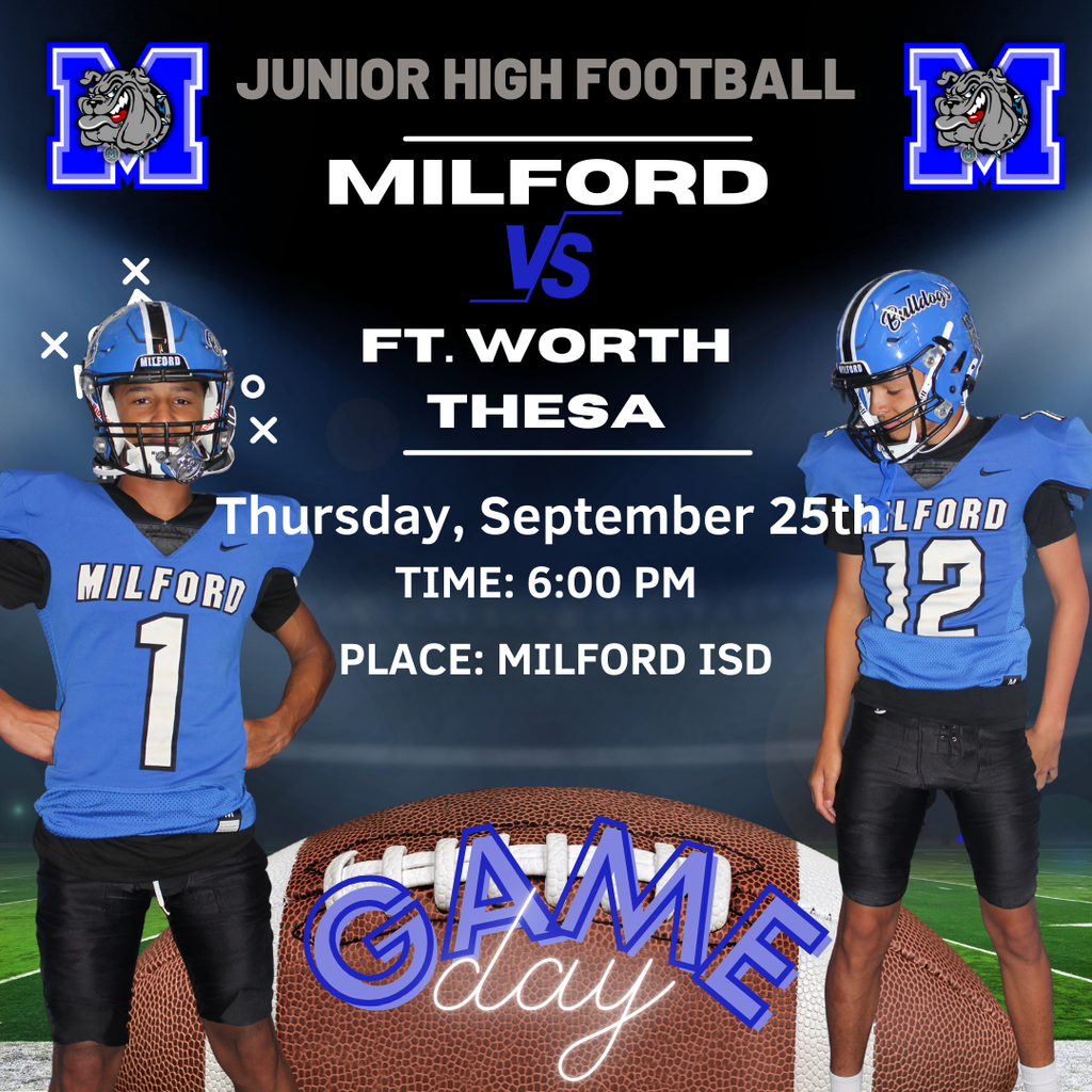 🏈 JV Football Game Day! 🏈 📍 Home vs. Ft. Worth THESA 🕕 Kickoff after the junior high game is complete 💙 Come out and support your Bulldogs under the lights! 💙  #MILFORDBULLDOGS 