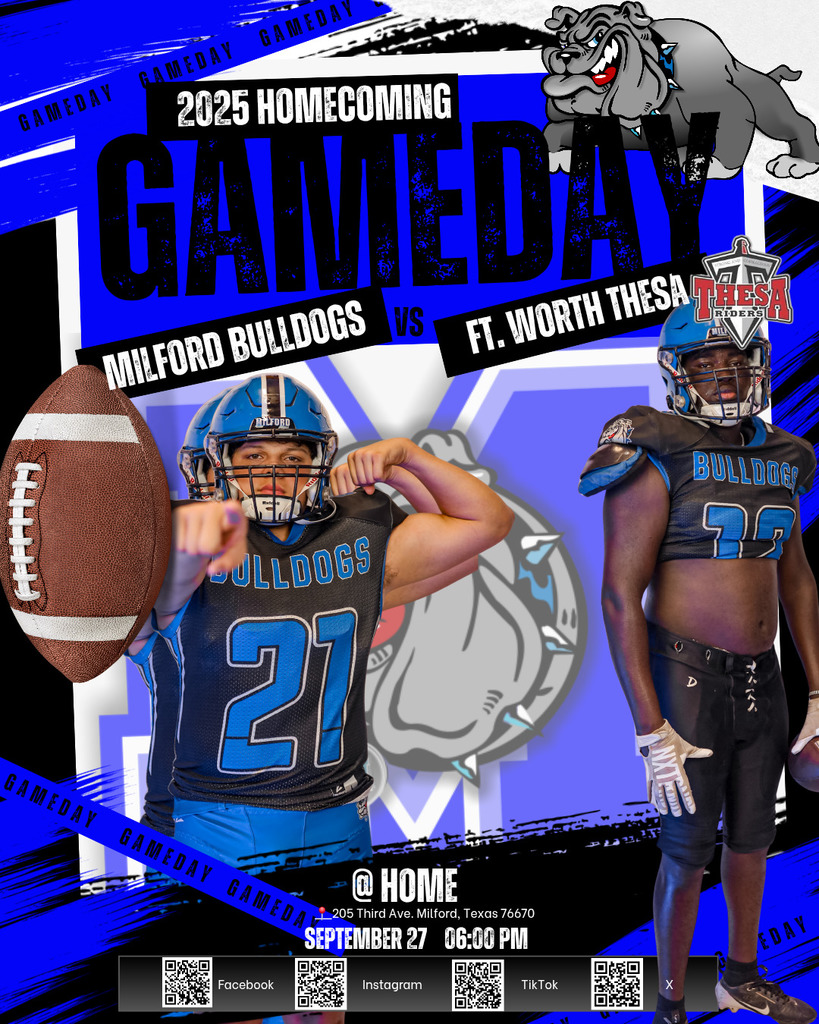 🏈🔥 Varsity Football Game Day🔥🏈
First Home Game of the season!!
Come pack the stands, bring the energy, and cheer on our Dawgs! 🐾💙🤍
Kickoff: 7:30PM
Let’s go Bulldogs! 💪🐾
📍  Location: Milford ISD
205 Third Ave. Milford, Texas 76670
#MilfordBulldogs #TheBulldogWay 