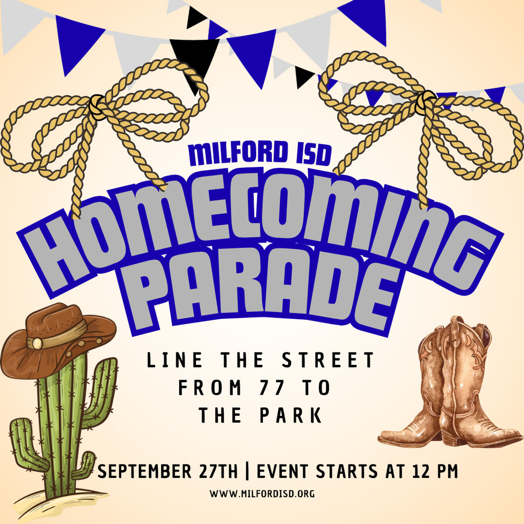 🎉🐾 Homecoming Parade Day! 🐾🎉

📍 The parade will start at Milford ISD promptly at 12:00 NOON.
🚗 We’ll travel down HWY 77 and finish at the park.
🎺 Pep Rally in the park begins at 12:20 PM!

☀️ It’s going to be hot — be sure to bring your water and a chair for the pep rally!

💙🤍 We can’t wait to see our Bulldog family lining the streets and showing that Bulldog Spirit!

#BulldogWay #Homecoming2025 #MilfordBulldogs