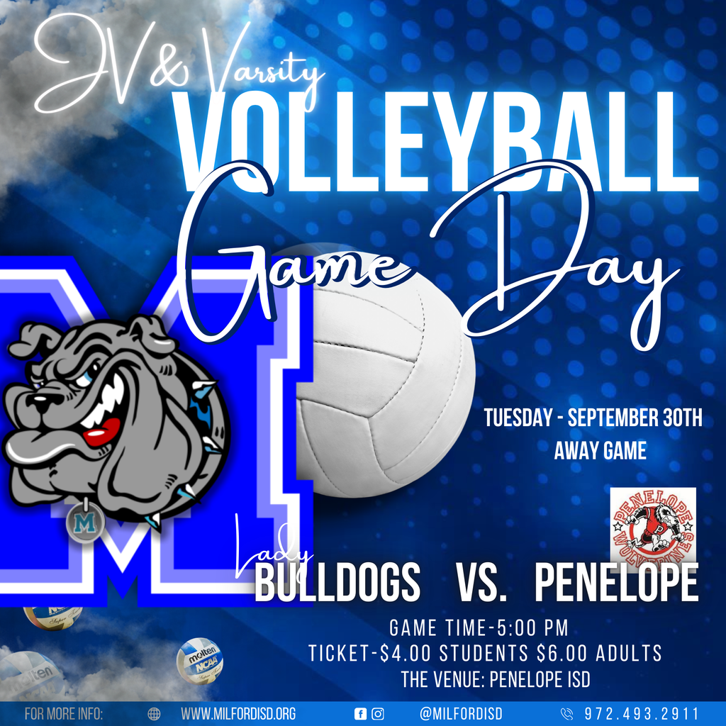Varsity Volleyball HOME vs. Crossroads Tonight • 4:30 PM Pack the Dawg House and bring the noise! Let’s defend our court the Bulldog way! 🐾 #FN5GL #SWEEPSTAKES #TMOBILEFN5GL #MilfordBulldogs