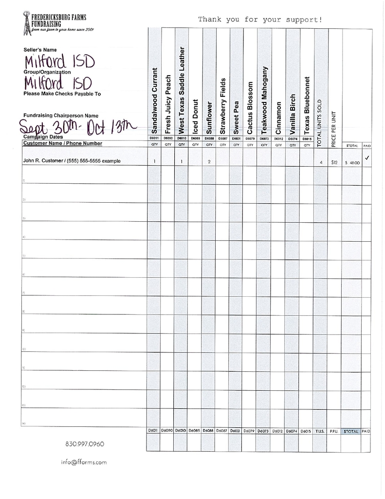 Milford ISD Parent Letter – Fundraiser Kickoff Dear Bulldog Parents & Guardians, We are excited to announce our first fundraiser of the school year! This will run from Monday, September 30th through Sunday, October 13th. 📌 Important Details All order forms and money are due by Monday, October 13th. Car Freshies – $12.00 each Dips & Rubs – $7.00 each Proceeds from this fundraiser will go directly into the Milford ISD Student Activity Account, helping support events and activities that benefit all of our Bulldogs. 💵 Payment Information Please make all checks payable to Milford ISD. We truly appreciate your continued support of our school and students. Every purchase helps us provide more opportunities and experiences for our Bulldogs. Thank you for partnering with us to make this year a success! Sincerely, Milford ISD