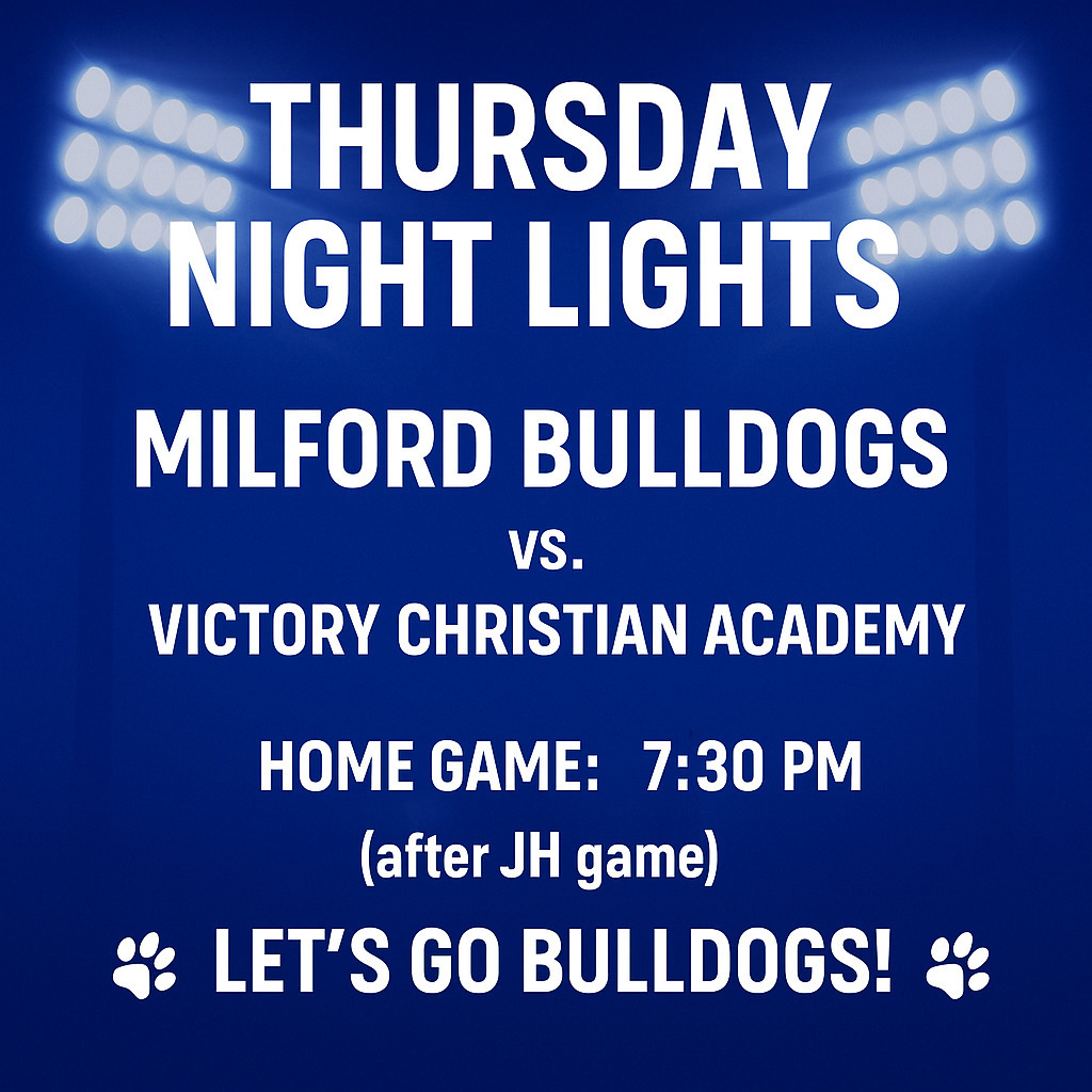 Bulldog Fans! This week’s Varsity Football Game will be played on Thursday following the Junior High game. 🏈
⏰ Varsity Kickoff: 7:30 PM
🐾 Let’s pack the stands and cheer on our Bulldogs!